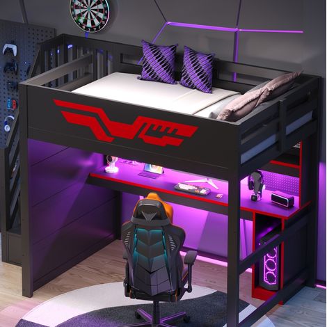 Letto a soppalco gaming 140x200 cm con scrivania, scala contenitore, LED e USB (1/5)