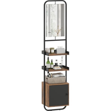 Étagère salle de bain rangement avec miroir, étagère de rangements avec étagères réglables et placard, 40x30x179cm, noir (1/5)