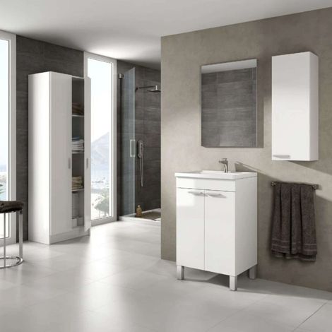 Pack mueble aseo 2 puertas con espejo + armario pared + armario alto color blanco (LAVAMANOS INCLUIDO) (1/5)