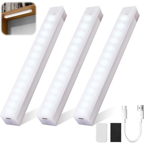 Lumière LED rechargeable USB-C avec capteur de mouvement, aimantée, 50 cm, blanc froid – lot de 3 pour placards, escaliers et cuisines (1/5)