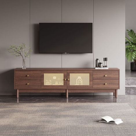 Meuble TV 180cm, bois foncé avec portes rotin, tiroirs et gestion de câbles pour téléviseurs jusqu'à 80 pouces (1/5)