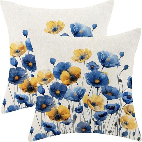 Kissenbezug aus blau-gelbem Leinen mit frühlingshaftem Blumenmuster, 45 x 45 cm, 2er-Set, ganzjährig verwendbar, für Sofa oder im Freien.