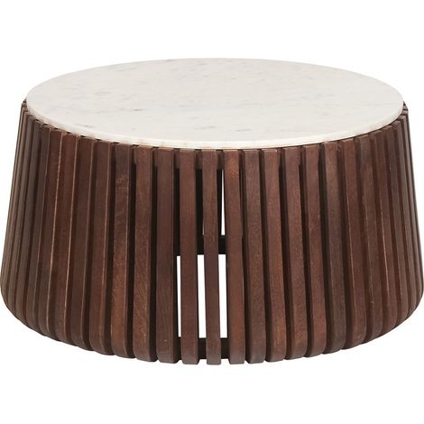 HOLDEN - Table Basse en Marbre Blanc et Socle en Manguier Teinté Noyer (1/3)