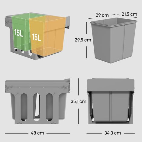 Poubelle coulissante sous évier avec 2 compartiments, capacité totale 30 L (2 x 15 L), fixation par le bas, gris clair (1/5)