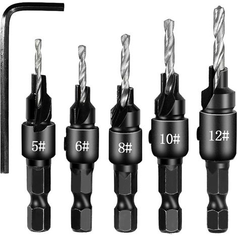 Set mit 5 Senkbohrern aus Werkzeugstahl, austauschbare Bohrer, Senkbohrer für die Holzbearbeitung, mit Sechskantschlüssel (silber) (1/5)