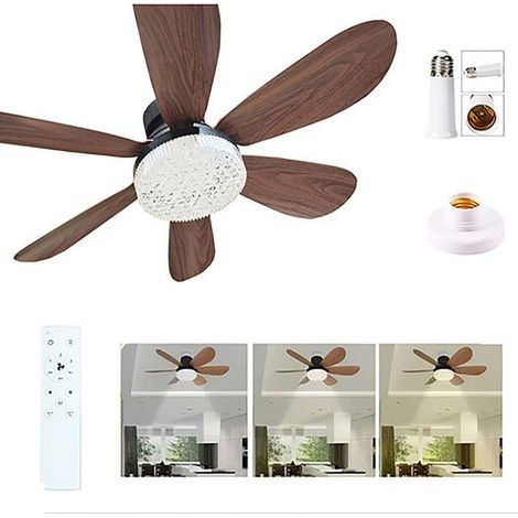 Ventilateur de Plafond avec Éclairage, 40W 52 cm,6 Pales Aspect Bois, Abat-Jour Cristal, Douille E27,Télécommande, Tige d’Extension (1/5)