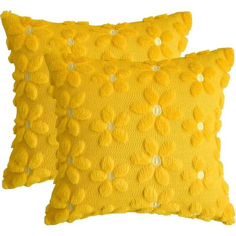 Lot de 2 housses de coussin, fourrure synthétique douce avec marguerites jaunes, 45 x 45 cm, pour canapé et salon