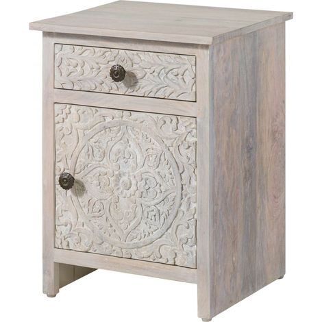 Comodino in legno di mango 45x40x60 con anta a destra / bianco oliato KASHMIR 105