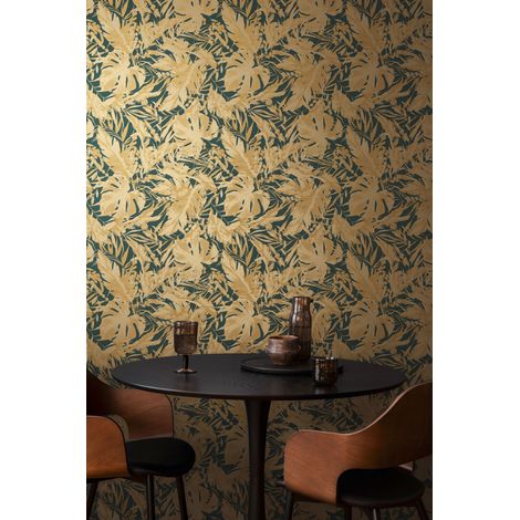 Papier peint intissé feuille et palmier, style tropical aux tons or et vert - 10,05 x 0,53 m - collection Cosmopolitan (1/5)