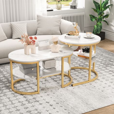 Tables basses gigognes lot de 2 – Plateau marbre blanc imitation – Cadre métallique doré étagère inférieure – Gain de place structure solide – Style contemporain salon chambre petit espace