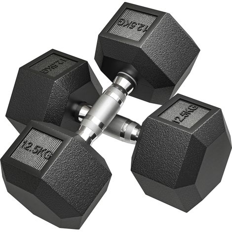 HOMCOM juego de mancuernas hexagonales, 2 x 12,5 kg, de hierro fundido, recubiertas de goma con barras de conexión para casa, gimnasio, negro (1/5)