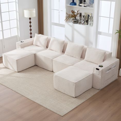 Canapé de salon 4 places 330x162x75 cm, avec 2 poufs modulables, porte-gobelets, rangements latéraux, ressorts, velours côtelé, Beige (1/5)