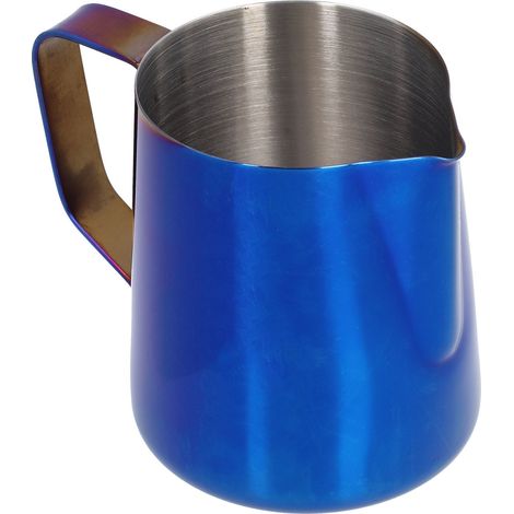 Pichet à mousser le lait en acier inoxydable, tasse à mousser le café au lait avec graduation intérieure, bec pointu, bleu, 600 ml (avec étiquette) (1/5)