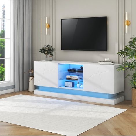 Mueble TV 160x38,5x60 cm blanco de aglomerado, balda de vidrio ajustable y 2 puertas (1/5)