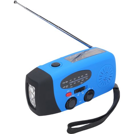 Radio AM/FM portable, radio solaire d'urgence pour l'extérieur, radio à manivelle avec lampe torche LED, alarme SOS, batterie rechargeable 5000 mAh, sortie USB, version européenne bleue étanche (1/5)