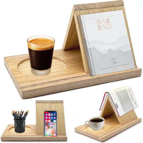 Soporte triangular de madera para libros – reposapaedia – regalo para lectores – mesita de noche/escritorio (1/4)
