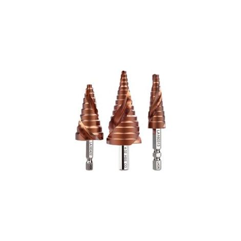– Set di 3 punte a gradini con attacco esagonale 3-13mm/4-22mm/4-32mm, in titanio, conico triangolare, HSS-CO M35, per utensili elettrici, con scanalatura a spirale, punta a gradini per acciaio e meta