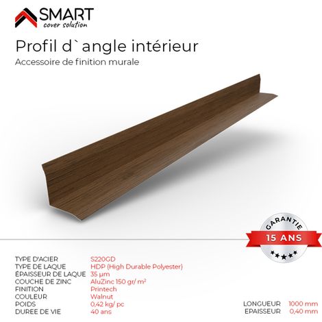 Profil d`angle intérieur Tôle bac acier - Toiture - Couverture - plaque H12 Coloris Walnut Printech L=1m (1/2)