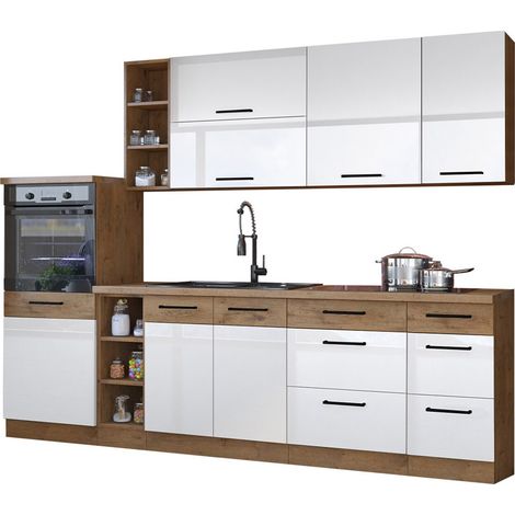 Conjunto de cocina modular Wood White 136 , 270x52cm, Aglomerado laminado
