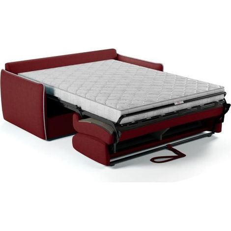 Canapé convertible 3 places – Tissu velours rouge – Couchage 140 x 190 cm – Matelas 14 cm – Mécanisme convertible express