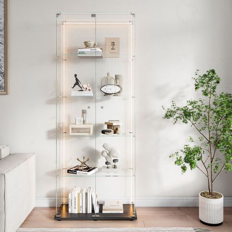 Vitrine avec éclairage LED, Vitrine avec deux portes et plateau d'exposition en verre trempé, 78.5x34.5x186.5cm, Blanc