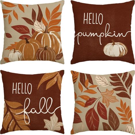 Fundas de cojín con estampado de hojas de calabaza "Hola Otoño" (Juego de 4, 45 x 45 cm) Hojas de arce marrones: Decoración de otoño (1/5)