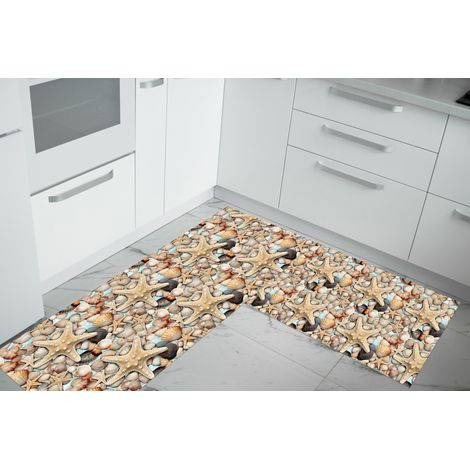 Set di 2 tappeti da cucina antiscivolo e lavabili in lavatrice passatoia multiuso Conchiglie - 50x90+50x180