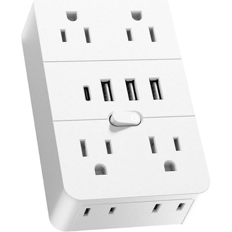 Multiprise avec ports USB et interrupteur marche/arrêt, rallonge murale avec 8 prises secteur (4 avec terre et 4 à deux broches), 3 ports USB-A et 1 port USB-C, multi-usages (1/5)
