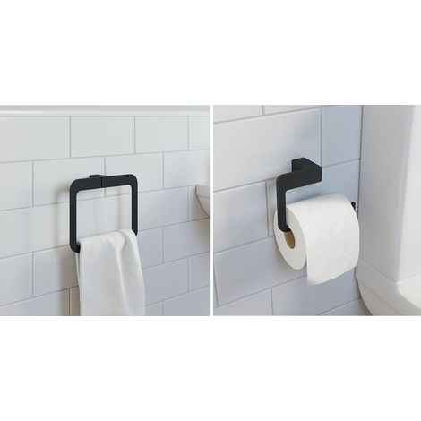 Bathroom WC Set Towel Ring Toilet Roll Holder Black Square Wall Mounted Stylish (1/5)