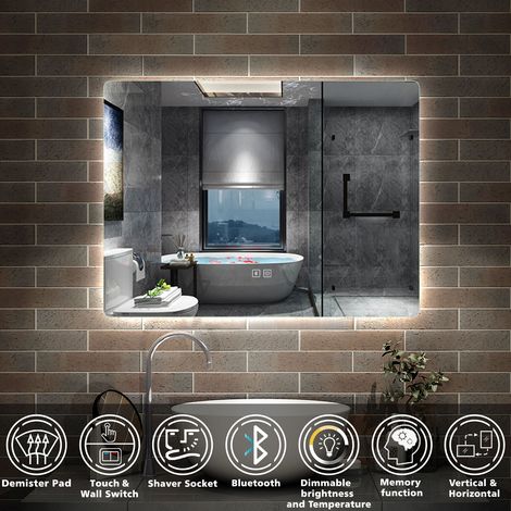 Acezanble 500x700 mm Bathroom Mirror with Shaver Socket, Wall Mounted LED Bluetooth Mirror with 3 Colors Lighting Modes, Dimmable & Demister, Horizontal / Vertical (1/5)
