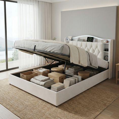 Letto contenitore 160x190 con rete a doghe, letto matrimoniale con illuminazione LED, ricarica wireless e porta USB, testiera con contenitore, velluto, stile moderno, Beige