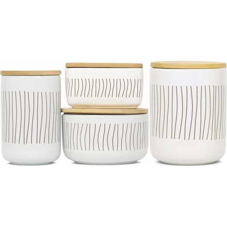Lot 4 Bocaux Cuisine Céramique avec Couvercle Bambou Hermétique – Pots de Conservation Alimentaire et Rangement Salle de Bain – 300 à 800 ml – Design Blanc (1/5)
