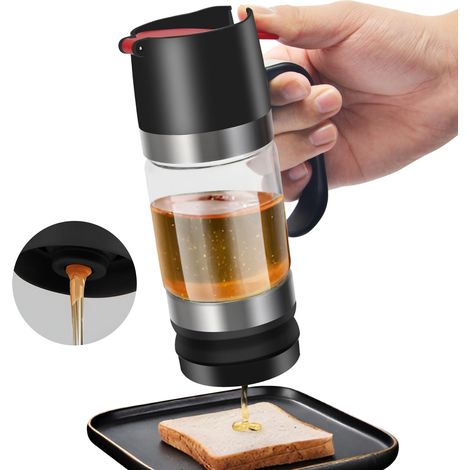 HiveFlow – 255-g-Honigspender mit Griff, tropffreies Glasgefäß für Sirup, ideal für Cafés, Honigtopf und -behälter, Schwarz (1/5)