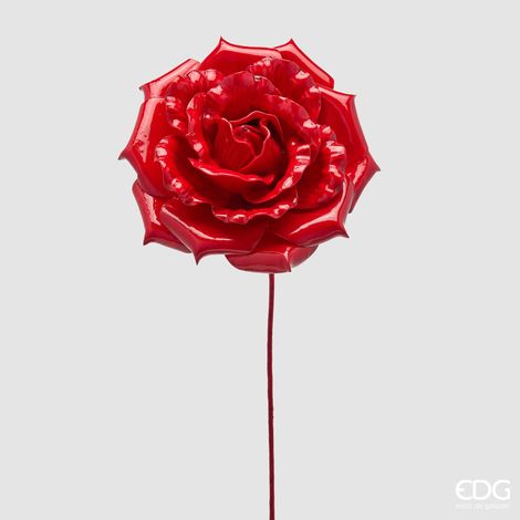 EDG Enzo De Gasperi Rosa Glossy su Ramo H60 cm Rossa – Fiore Decorativo Natalizio