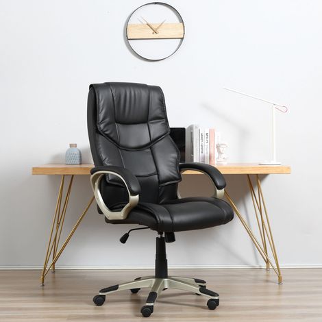 Chaise de bureau réglable en hauteur, cuir régénéré noir, pivotante 360°, avec fonction bascule et roulettes, siège ergonomique confortable  CHICFURN (1/5)