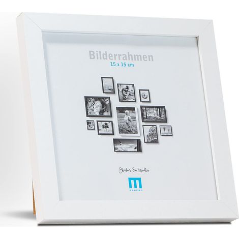 Cadre photo moderne et intemporel en bois MDF blanc pour petites photos et images 15 x 15 cm avec verre acrylique inclus. Il peut servir de support de table. (1/5)