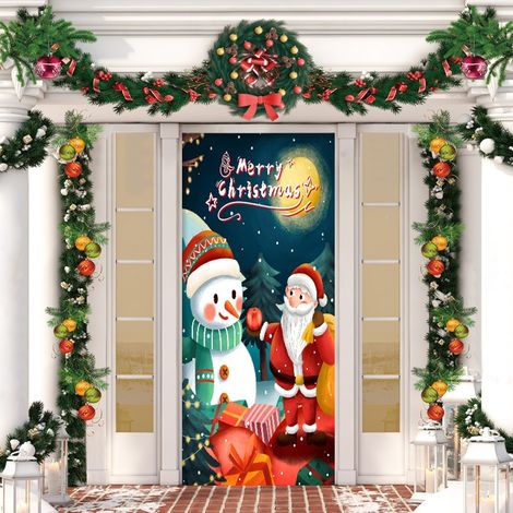 Stickers de porte de Noël, décorations de porte Père Noël, décorations de fête du Nouvel An, décorations de fêtes, banderoles/décorations de porte - 90 x 180 cm (avec trous et ruban) - 16