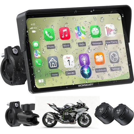 W722TPMS 7 Inch Motorcycle Screen, and Android Auto Wireless with TPMS, GPS Motorcycle Touch Screen IP67 Waterproof, Dual Bluetooth, Voice Control, Light Sensor, Equalizer (1/5)