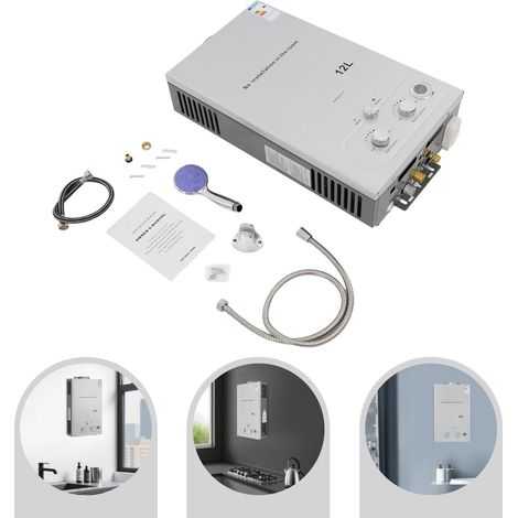 Chauffe eau gaz, Chauffe-eau instantané, 12L, 24KW, chauffe-eau instantané avec fonctionnement GPL et pomme de douche, tuyau, pour sites de camping, RV, remorques, jardins (1/5)
