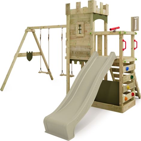 Fatmoose BoldBaron Boost castle style climbing tower with swing in sage green