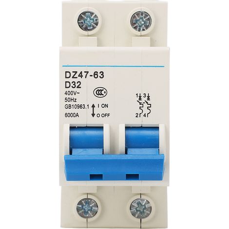 Disjoncteur miniature 2P compact pour montage sur rail DIN, pouvoir de coupure 6000 A, 400 V, 32 A