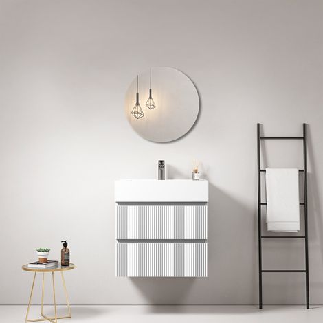 Mobile bagno sospeso cannettato 60 cm Bianco Lavabo in Resina Specchio Tondo - Fiji Paint