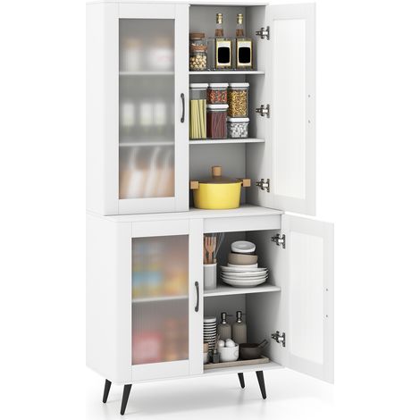 Buffet de Cuisine H. 178,5 cm avec 4 Portes Transparentes, Étagère Réglable, Buffet Indépendant avec Pieds en Métal, pour Salle à Manger, Salon, Blanc
