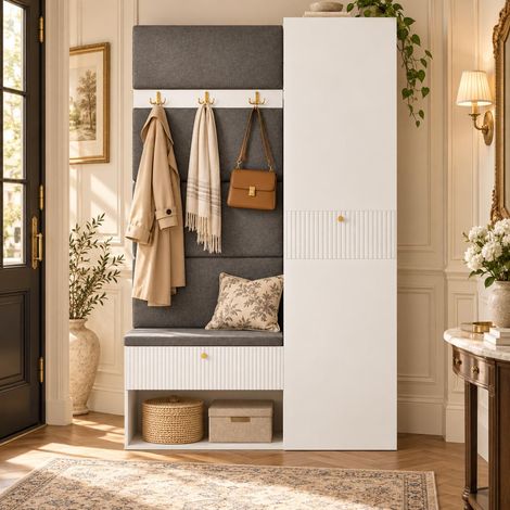 Garderobenset 110 x 38 x 179,5 cm, gepolsterte Sitzbank mit Kleiderhaken, Schuhschrank, Flurmöbel, geriffelte Fronten, moderner Stil, MDF, weiß (1/5)
