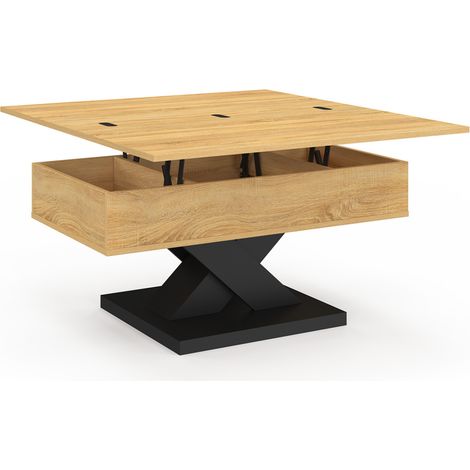 Tavolino rettangolare con piano ribaltabile, trasformabile in tavolo da pranzo ALICIA 90 cm, in legno con base nera (1/5)