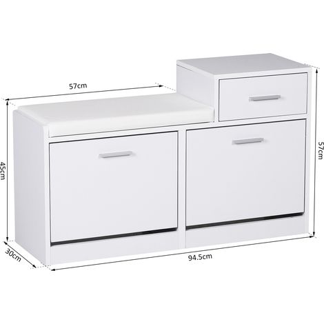 Meuble à chaussures moderne (avec banquette rembourrée, capacité de 12 paires), meuble d'entrée, bois, élégant, spacieux, 94,5 x 57 x 30 cm, blanc (1/5)