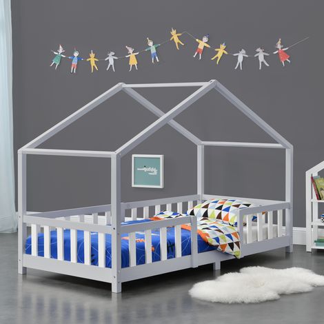Letto per Cameretta Treviolo a Forma di Casetta in Stile Montessori 90x200 cm Grigio Chiaro/Bianco [en.casa] (1/5)