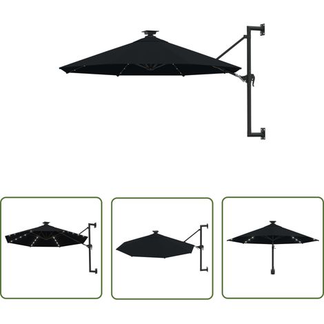 Parasol mural avec mât métallique et LED 300cm Noir (1/5)
