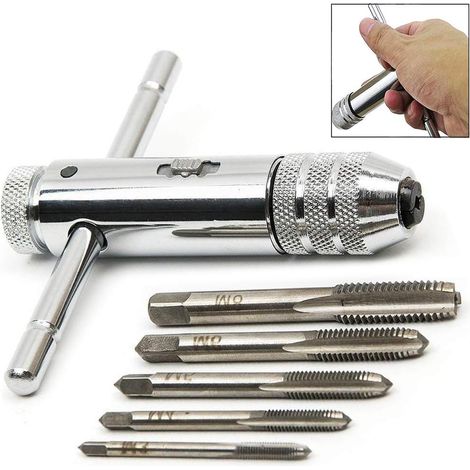 Tournevis à Cliquet en T - Réglable pour Tarauds M3 à M8 - Poignée Coulissante 85 mm - Finition Chromée - Avec 5 Tarauds