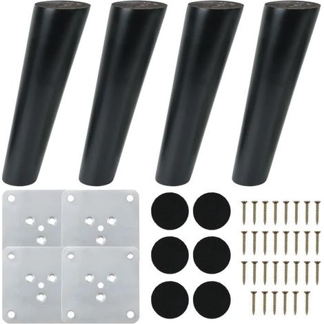 4 Pièces Pieds de Meuble Noir Bois Pieds de Lit 15cm Pieds de Rechange avec Plaque de Montage Vis Patins en Feutre Pieds Conique pour Table Chaise Canapé Armoire Lit Fauteuil Meuble TV (1/5)
